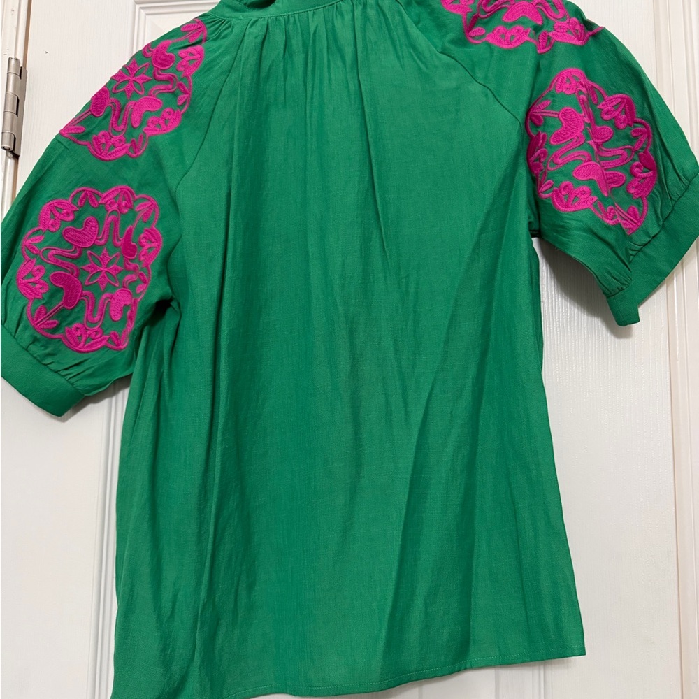 THML Green Blouse with Hot Pink Embroidery - Picture 3 of 3